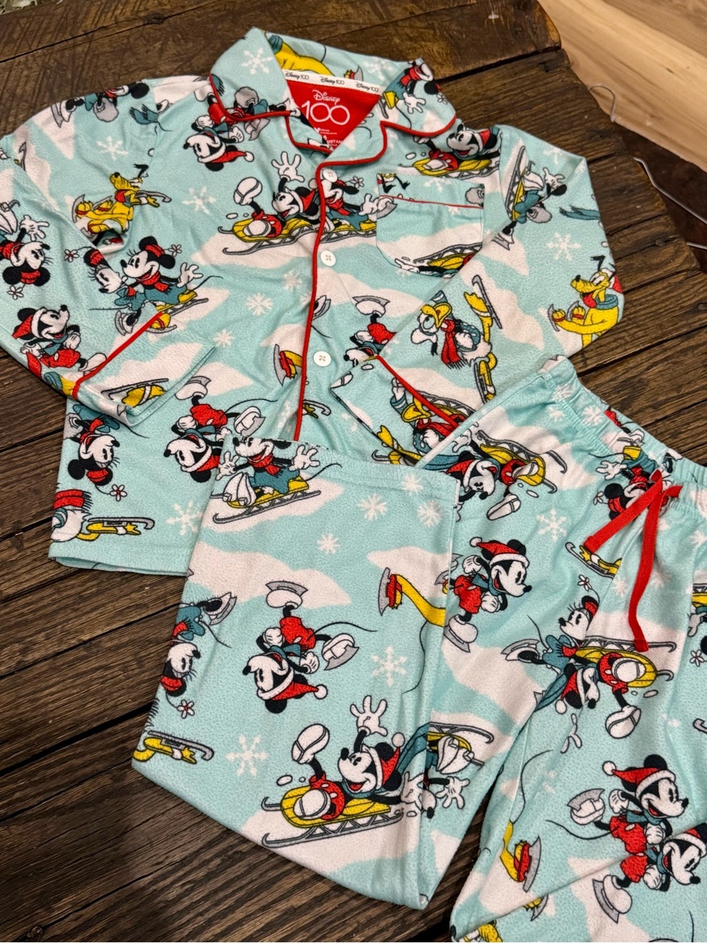 Disney 100 Kids Mickey & Minnie Mouse Christmas Holiday Snow Ski Pajama Set Sz 6